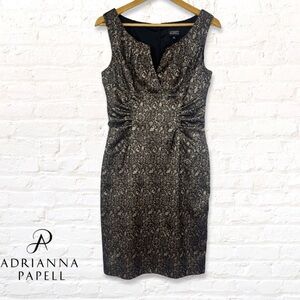 Adrianna Papell Black Brocade Lace Cocktail Dress with Waist Shirring Size 10